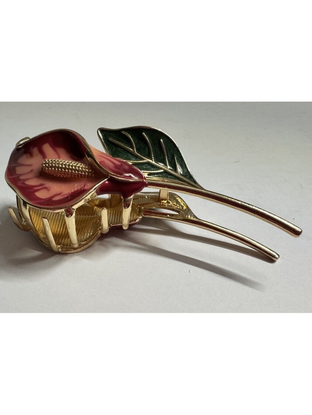 Sunday State Enamel Calla Lilly Claw Hair Clip-Gold/Pink/Green Floral Design New